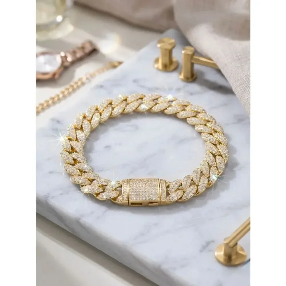 Luxury Gold Vermeil Moissanite Iced Out Cuban Link Bracelet 8